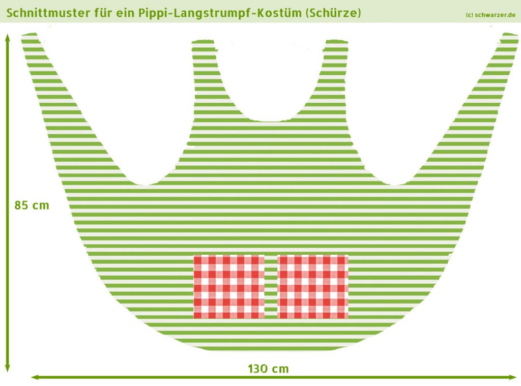 Mit diesem vereinfachten Schnittmuster für das "Pippi-Langstrumpf-Kostüm" kann man schon mal die Schürze schneidern. Die ist für viele Kinder neben den feuerroten Haaren und den großen, schwarzen Schuhen der Inbegriff von "Pippi Langstrumpf".